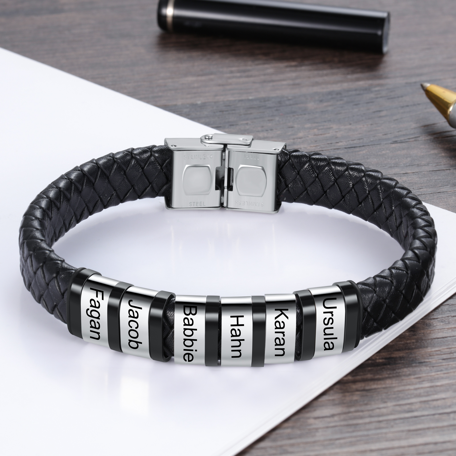 Men Leather Braided Bracelet Personalised with 6 Names Black-Jessemade AU