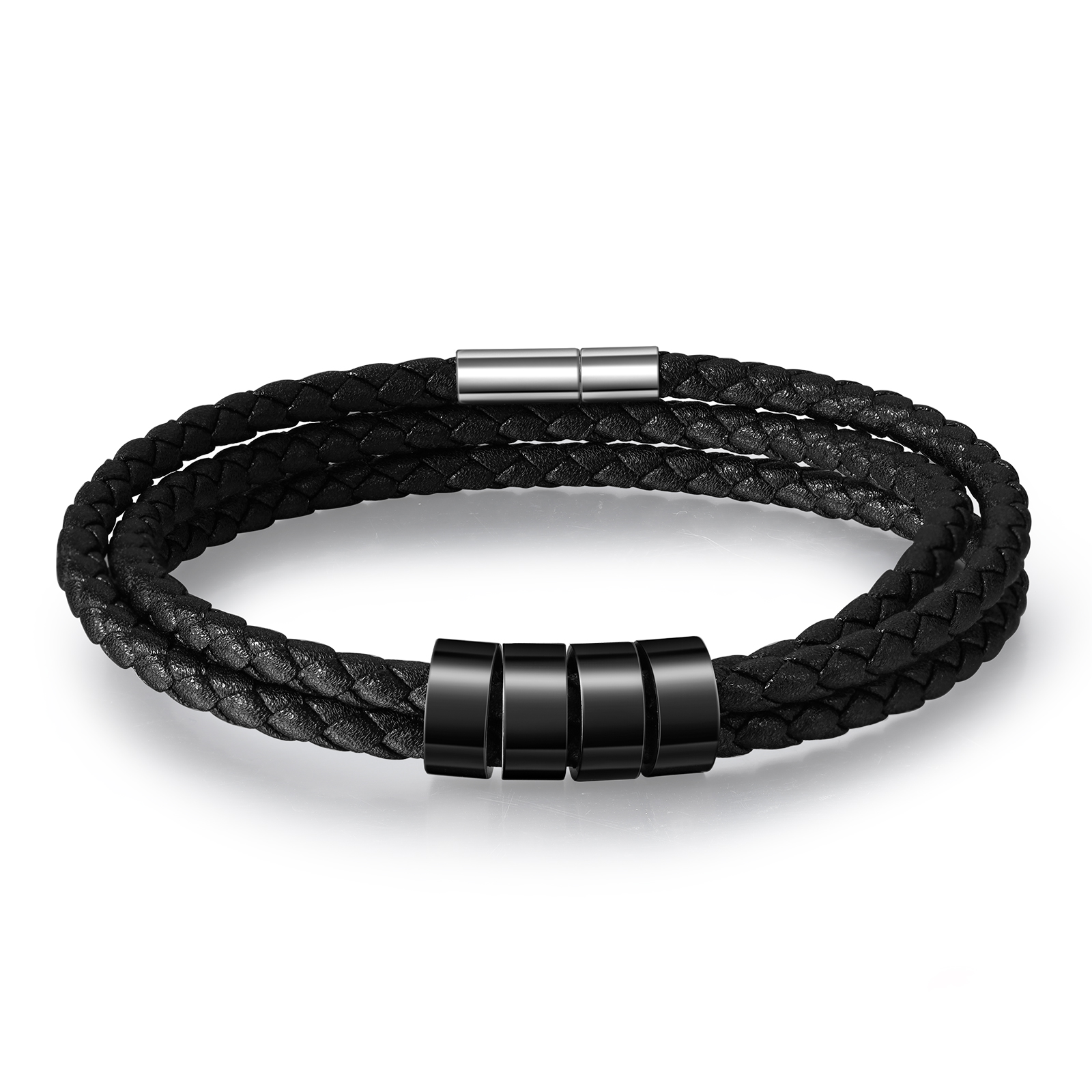 Personalised Men's Leather Bracelet Custom 4 Names Braided Bracelet with Beads Multi-Layered Bracelet Gift for Dad