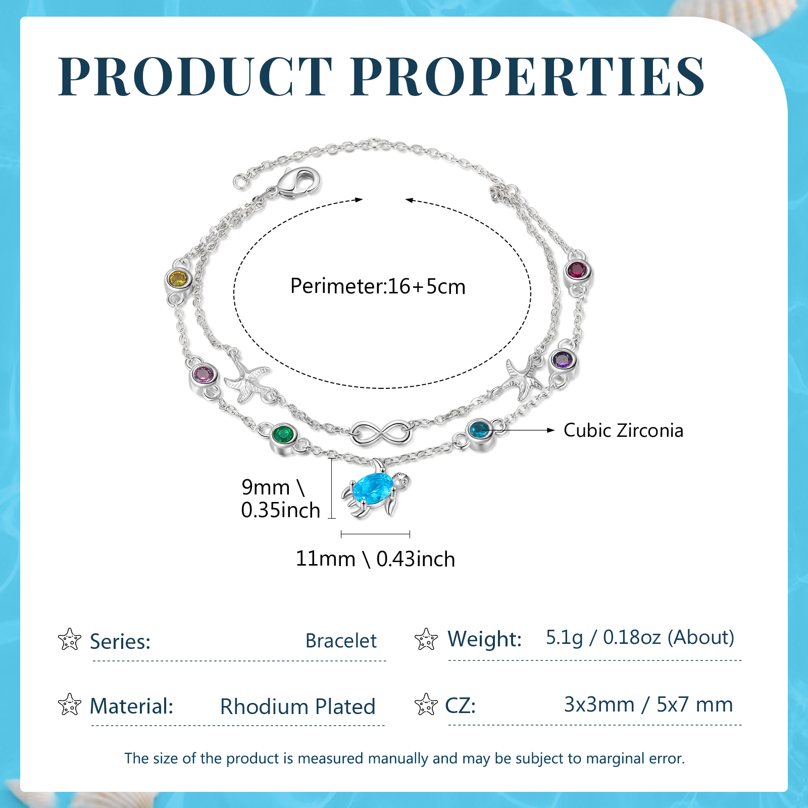 Personalised Women's Bracelet Custom 6 Birthstones Bracelet Sea Turtle Adjustable Bracelet Birthday Gift for Her-Jessemade AU