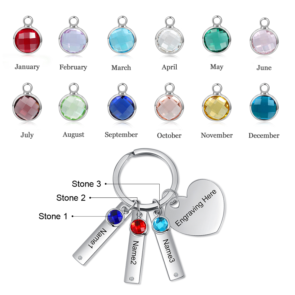 Personalised Birthstone Keychain Engraved 3 Names Keychain Gifts For Her-Jessemade AU