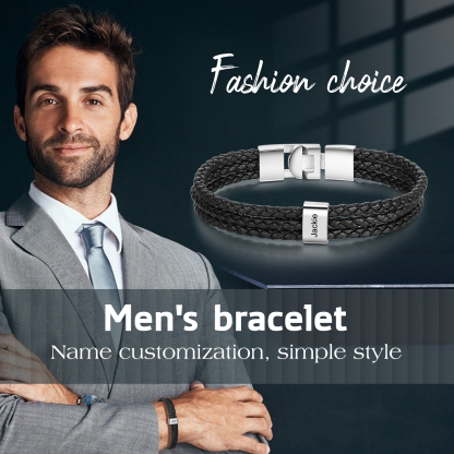 Personalised Braided Leather Bracelet Engraved 1 Name Men's Bracelet Gifts For Him-Jessemade AU