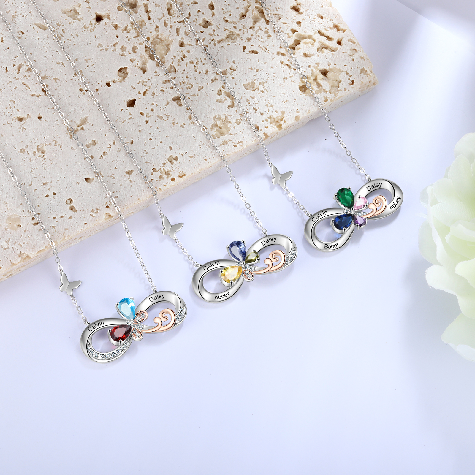 Personalised Infinity Butterfly Necklace With 3 Birthstones Engraved Names Gift For Women-Jessemade AU
