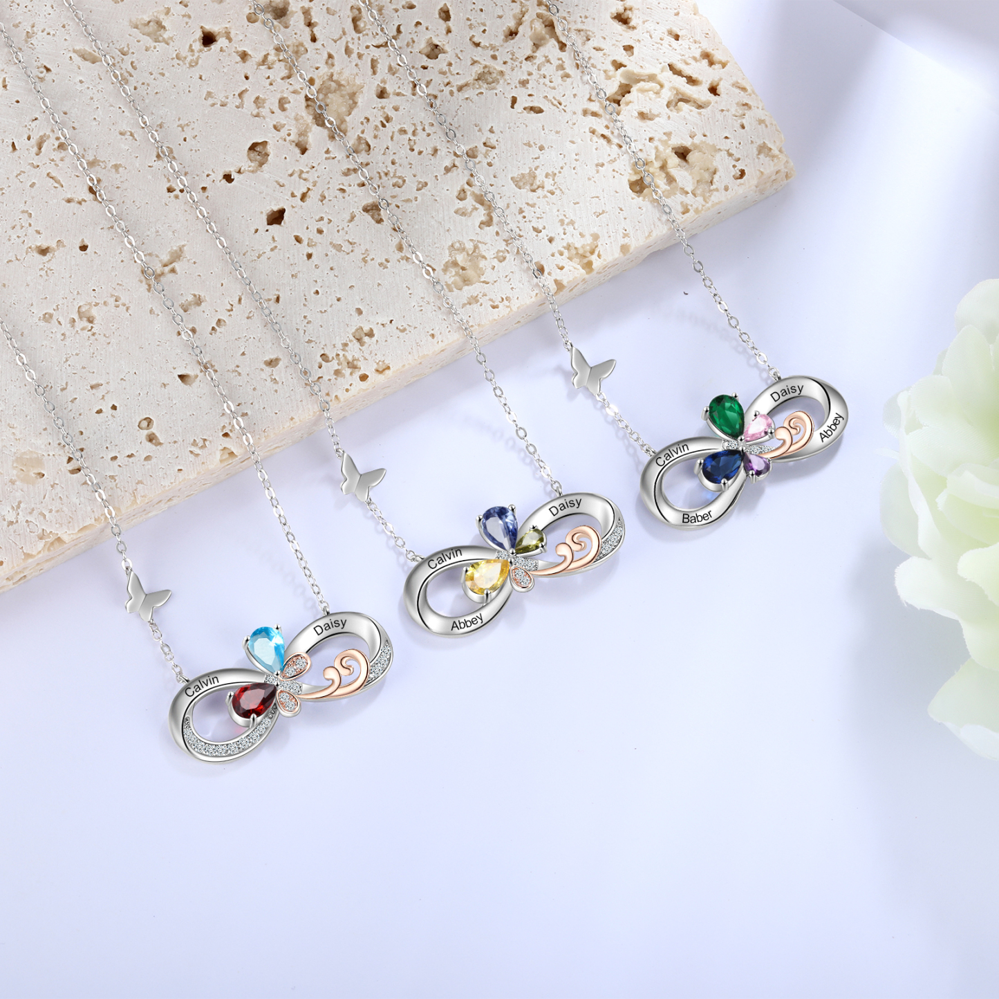 Personalised Infinity Butterfly Necklace With 3 Birthstones Engraved Names Gift For Women-Jessemade AU