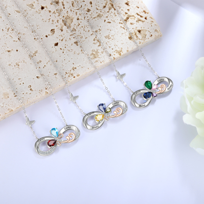 Personalised Infinity Butterfly Necklace With 3 Birthstones Engraved Names Gift For Women-Jessemade AU