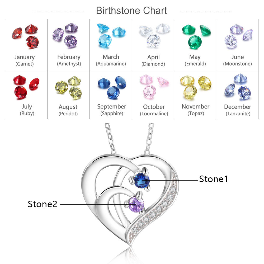 Personalised Mother Necklace 2 Stones Engraved 2 Names Birthstone Intertwined Heart Pendant Gifts for Her-Jessemade AU