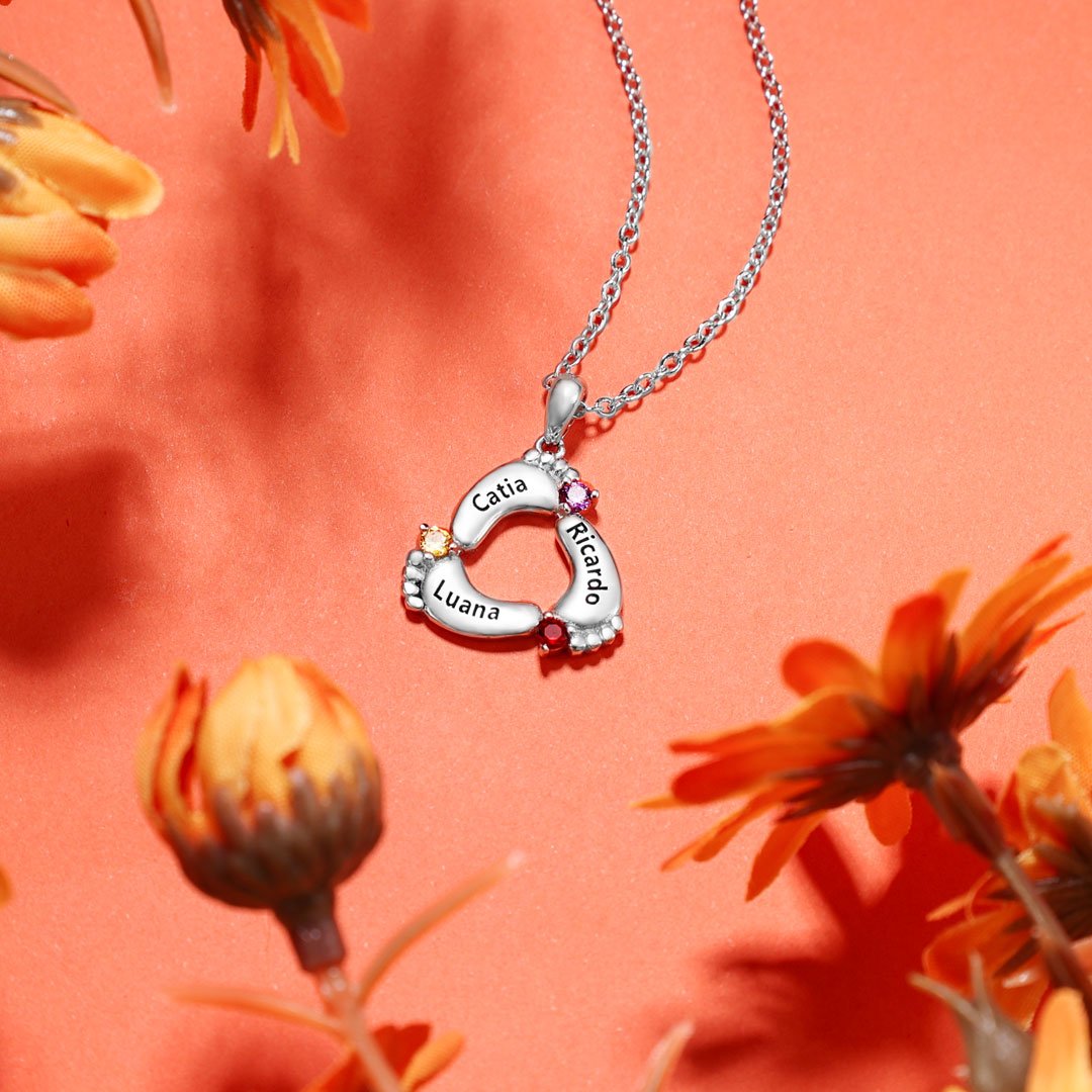 Personalised Baby Feet Necklace With 2 Birthstones Engraved Names Gift For Mother-Jessemade AU