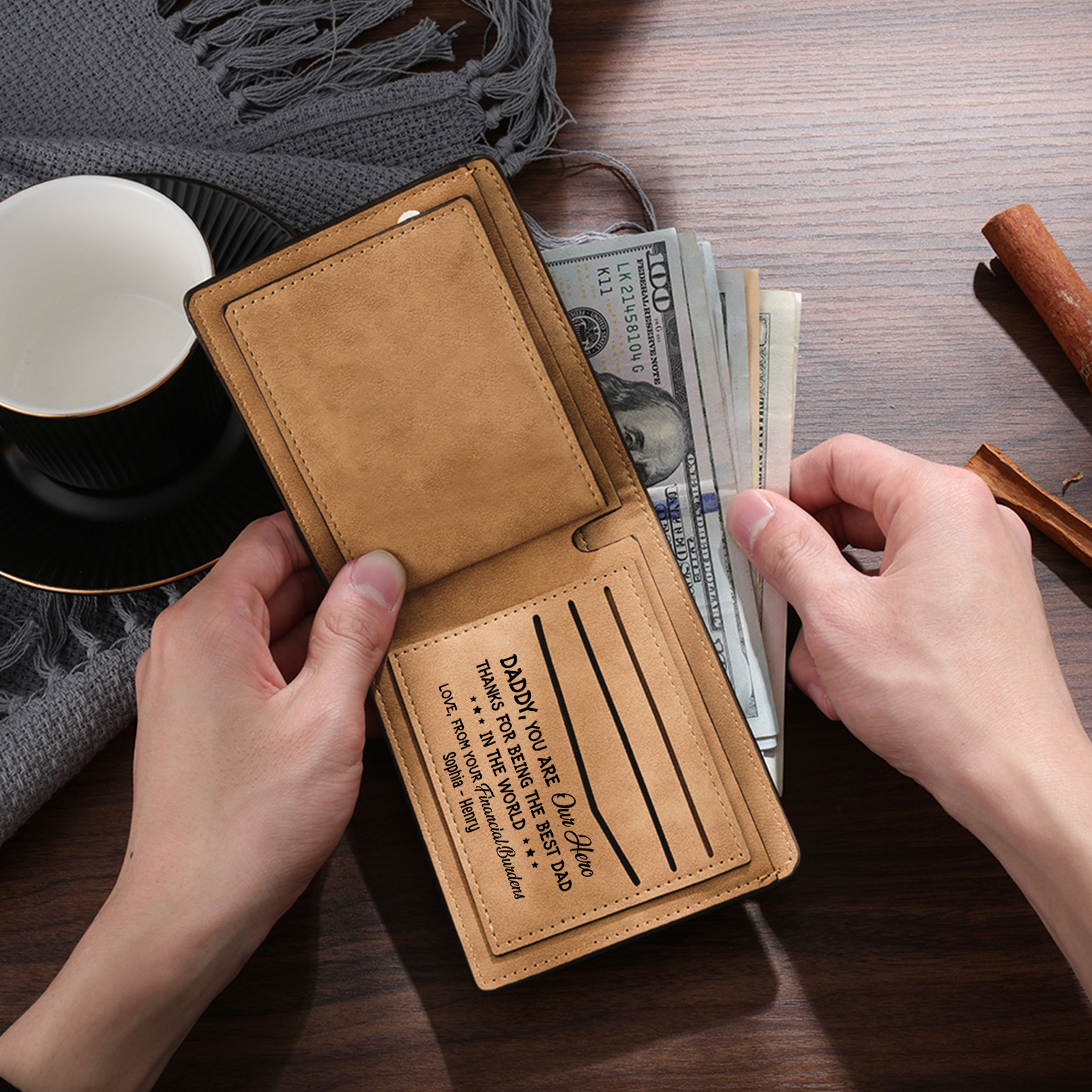 Best Dad Ever - Custom 3 Names & 1 Text Billfold Wallet Personalised Fist Bump Men's Leather Wallet