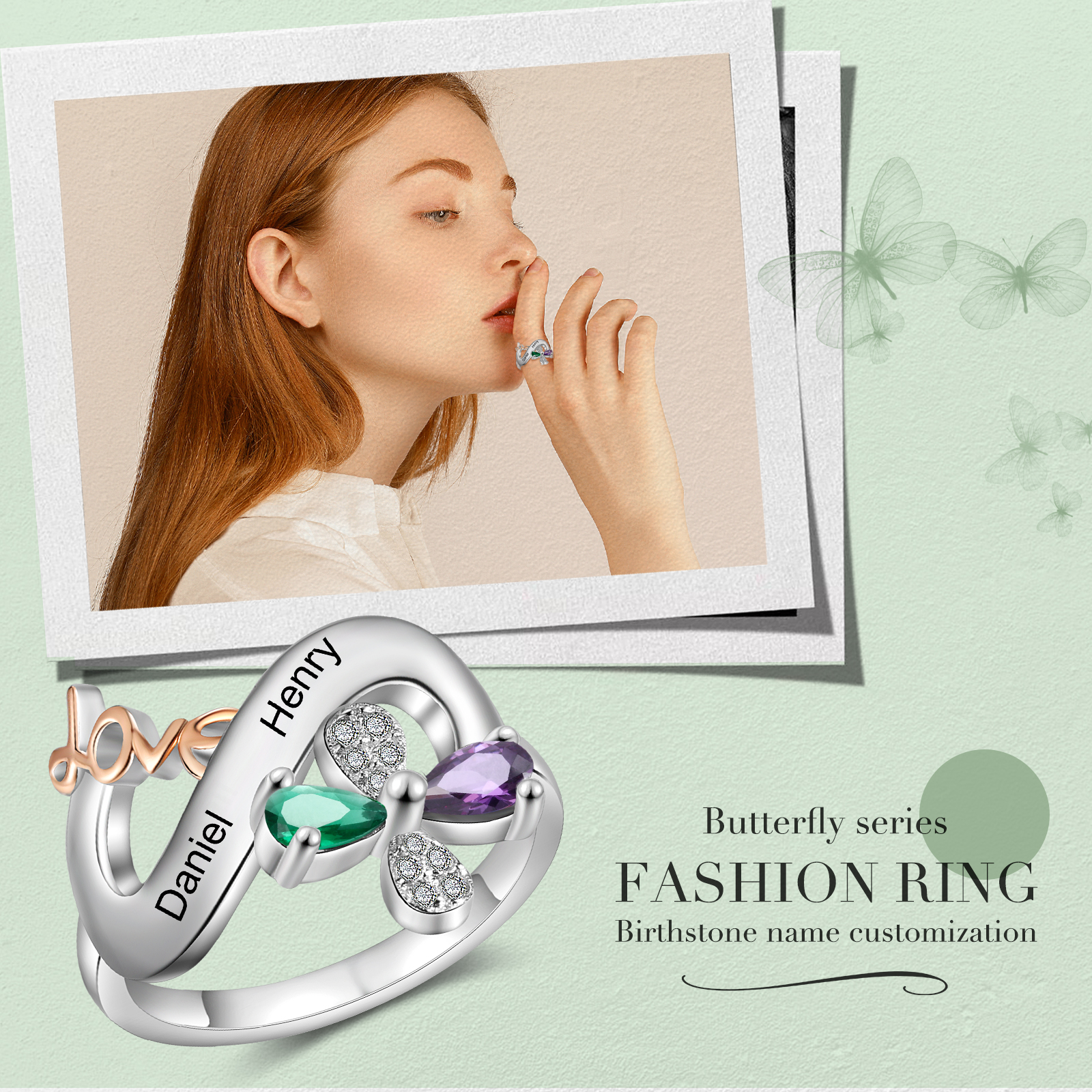 Personalised Butterfly Ring Custom 2 Birthstones Love Ring Gifts For Her-Jessemade AU