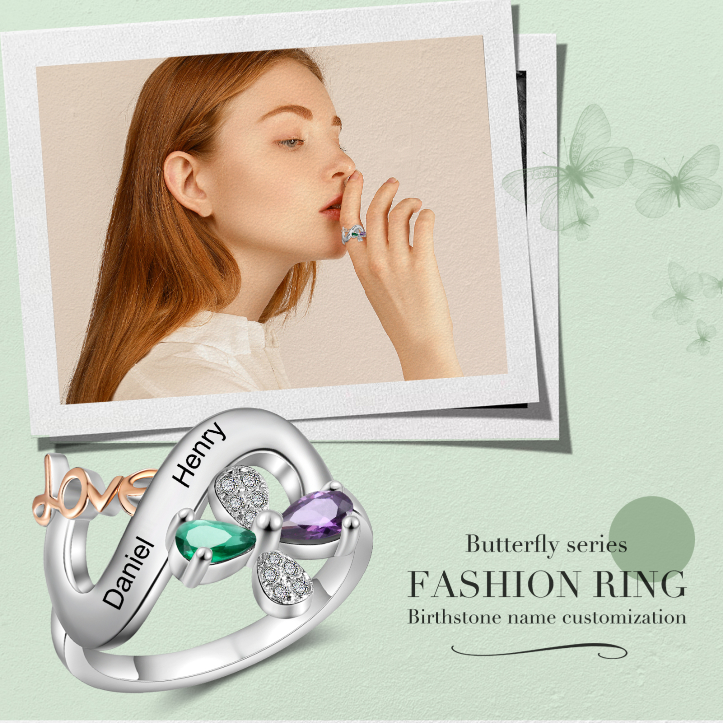 Personalised Butterfly Ring Custom 2 Birthstones Love Ring Gifts For Her-Jessemade AU