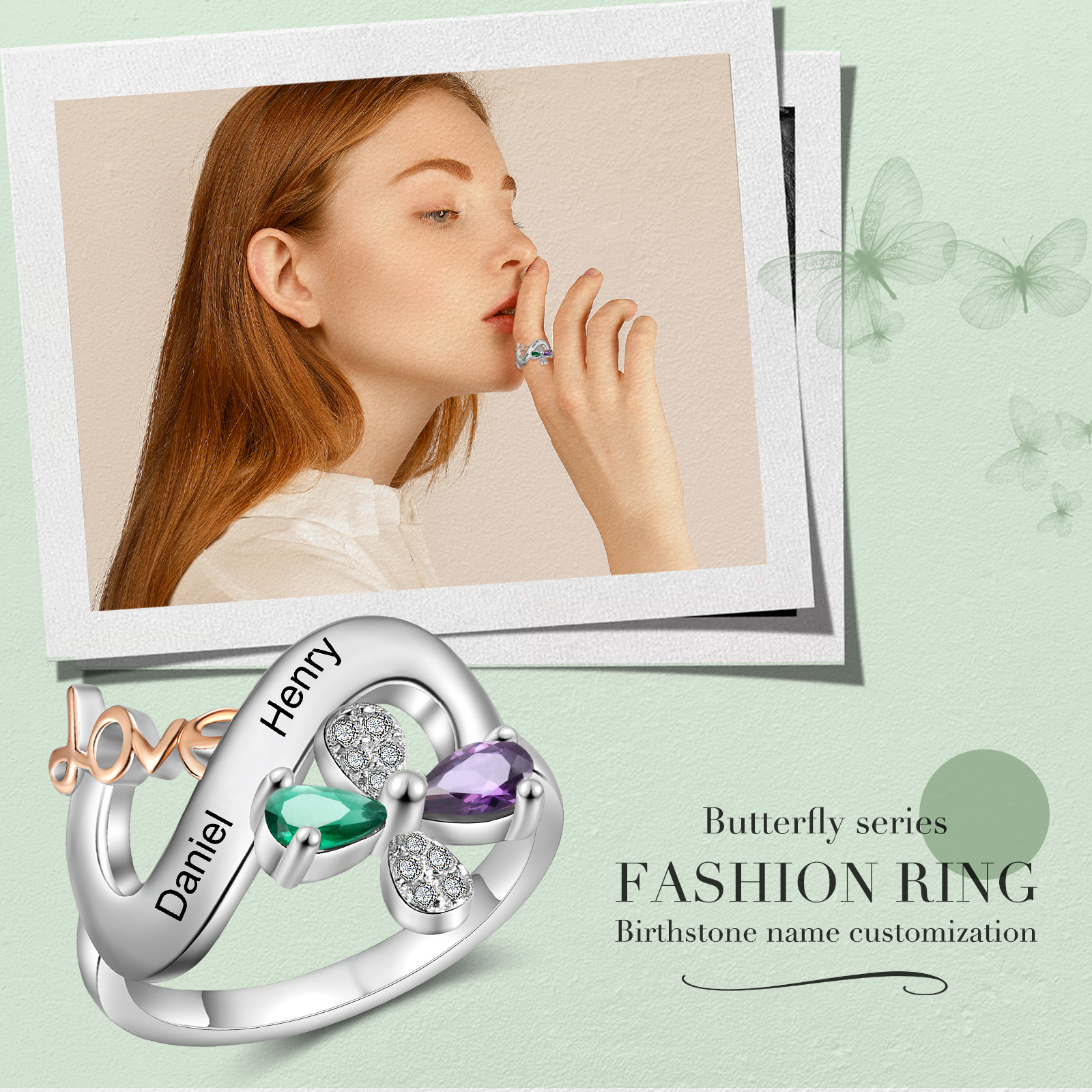 Personalised Butterfly Ring Custom 2 Birthstones Love Ring Gifts For Her-Jessemade AU