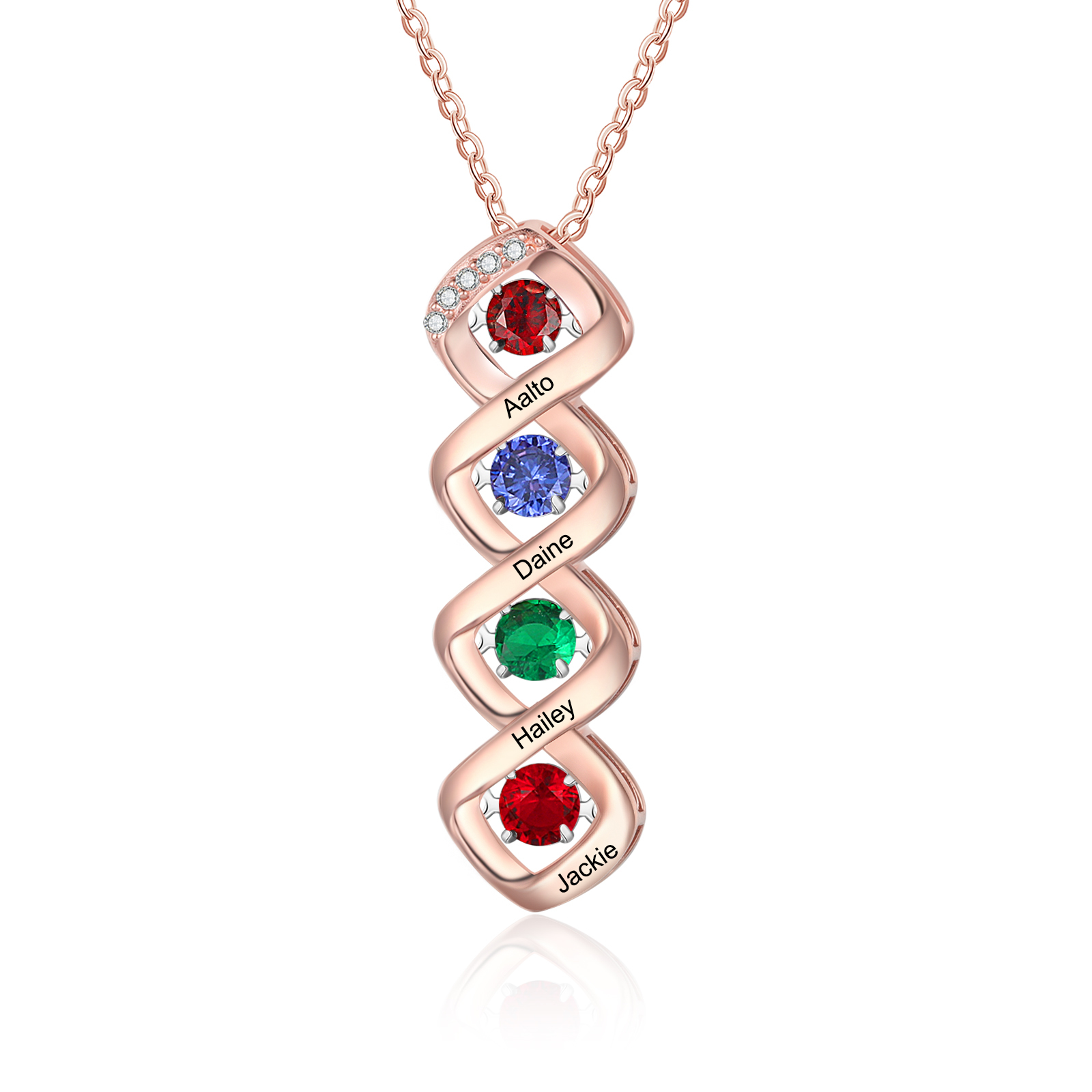 Custom Family Necklace with 4 Birthstones Engraving Names Dancing Stone Necklace-Jessemade AU
