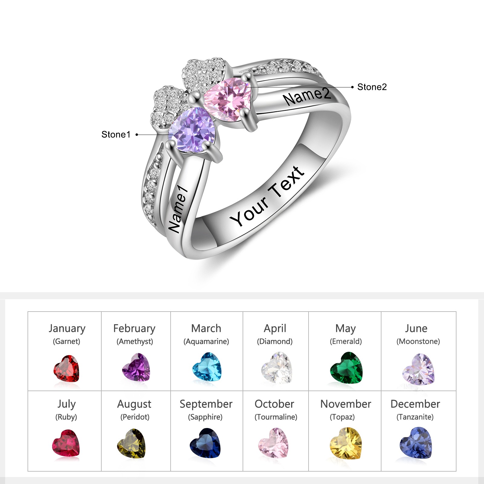 Personalised Ring With 2 Birthstones Engraved Names Ring Best Gift For Women-Jessemade AU