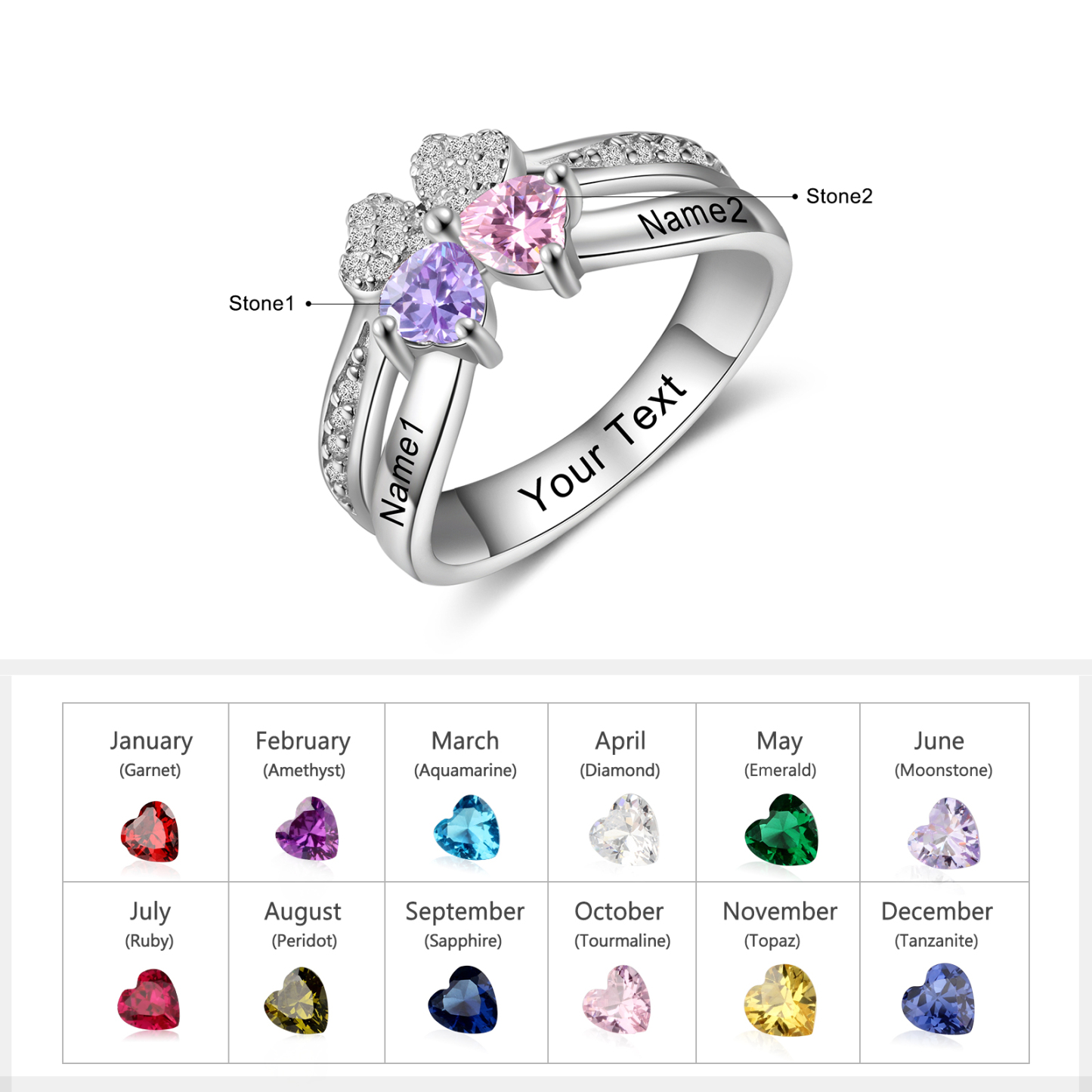 Personalised Ring With 2 Birthstones Engraved Names Ring Best Gift For Women-Jessemade AU
