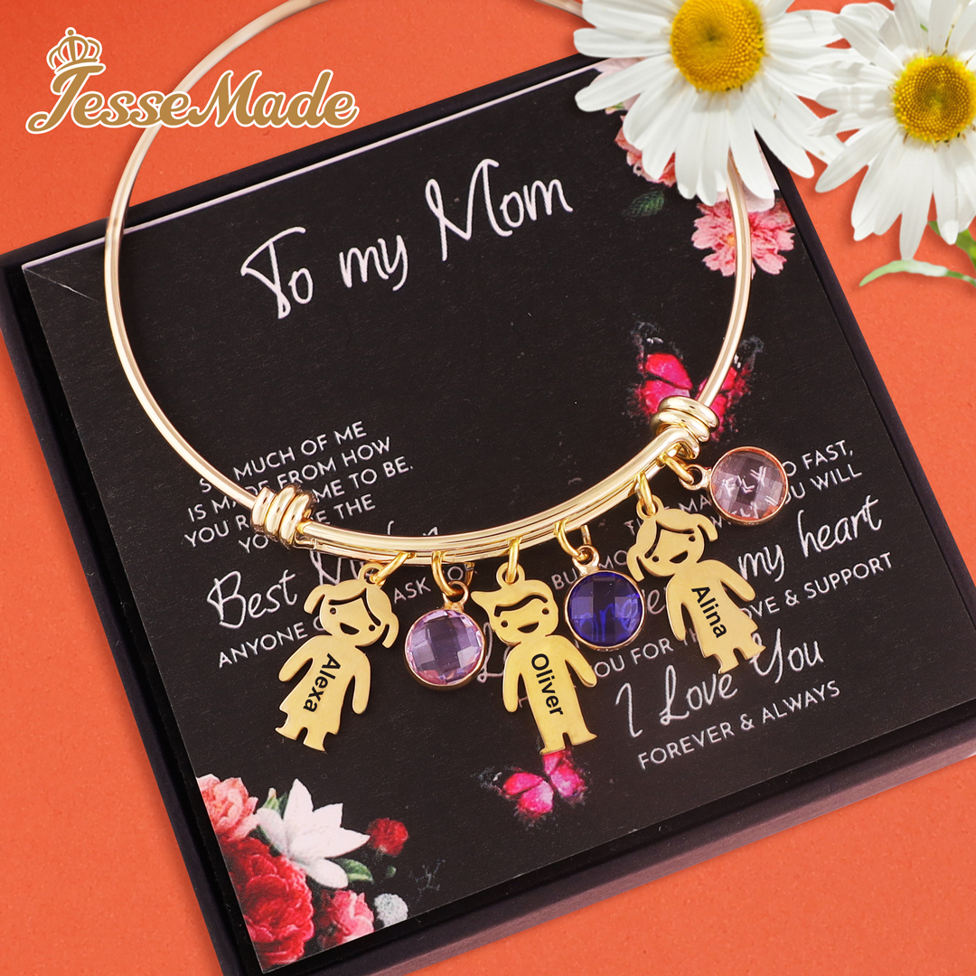 Personalised Kid Charms Bangle Bracelet With Names Customised 4 Birthstones Gift for Her-Jessemade AU