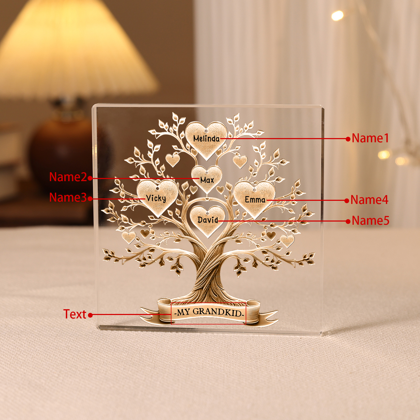 Personalised 5 Names & 1 Text Acrylic Square Keepsake Family Tree Rectangle Plaque Gifts for Father/Grandpa-Jessemade AU