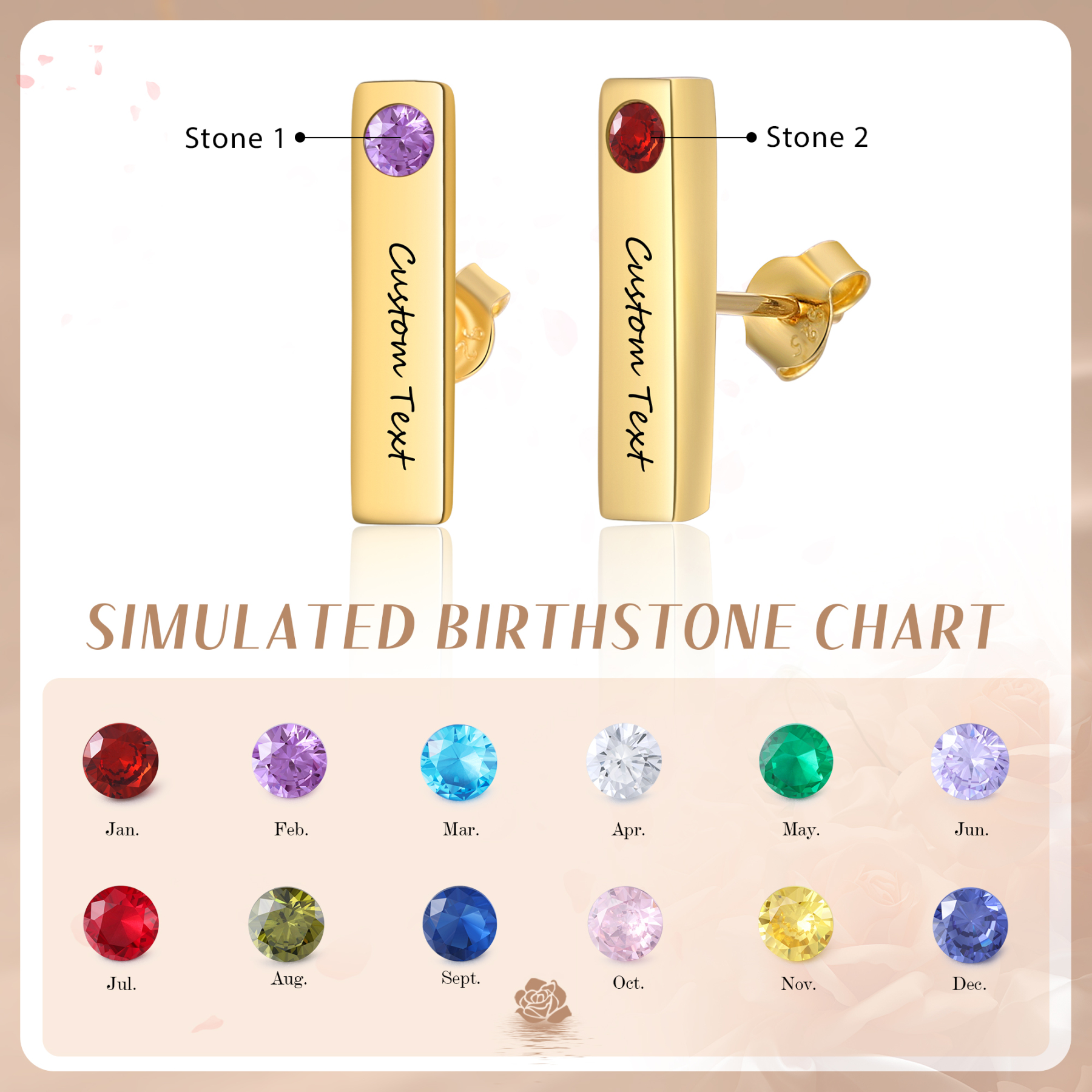 Personalised Bar Earrings Custom 2 Birthstones & 1 Text Earrings Gold Birthday Gift for Her-Jessemade AU