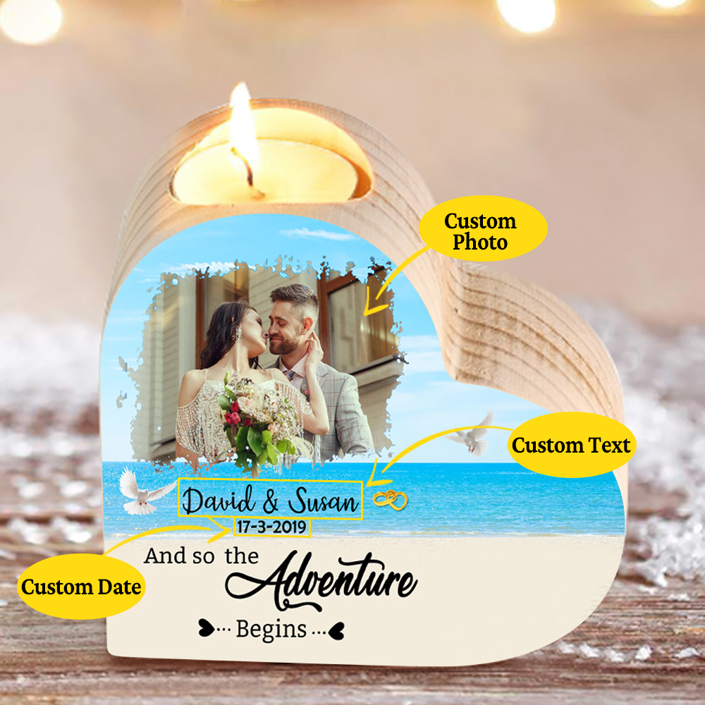 Personalised Love Couple Heart Candle Holder Engrave Photo Wooden Candlesticks Valentines Gift-Jessemade AU