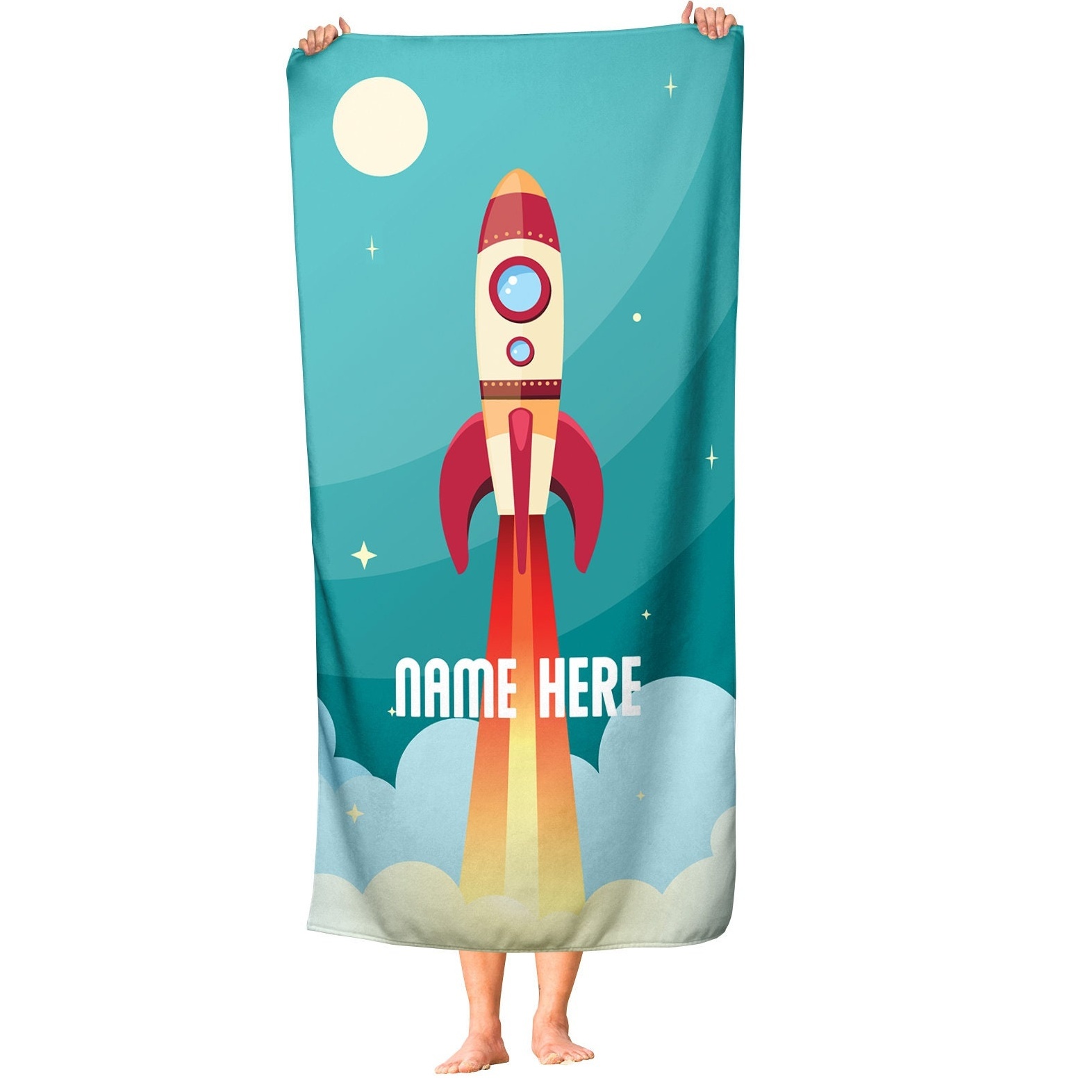 Personalised Beach Towel Customised 1 Name Rocket Ship Bath Towel Blanket Summer Gift for Family/Friends-Jessemade AU