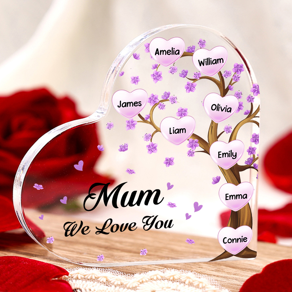 8 Names - Personalised Acrylic Heart Keepsake Custom Text Purple Flowers Tree Ornaments Gifts for Grandma/Mother-Jessemade AU