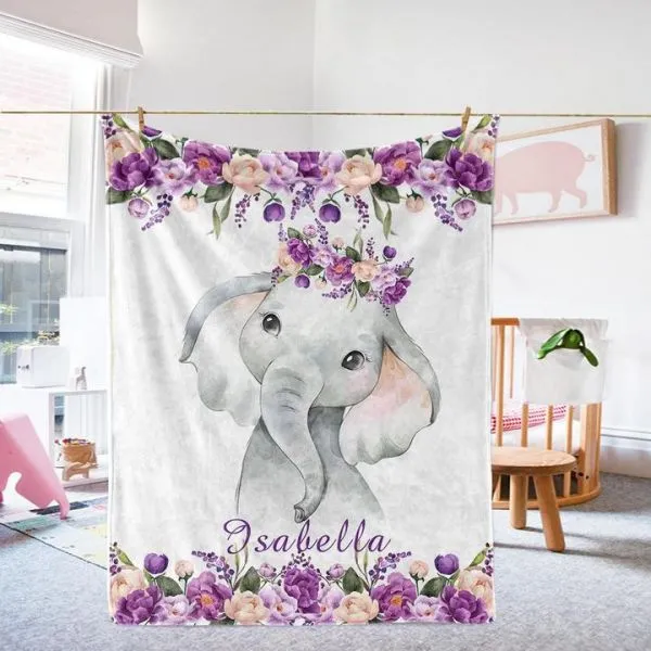 Personalised Purple Floral Elephant Blanket Custom Name Gifts For Baby Girl-Jessemade AU