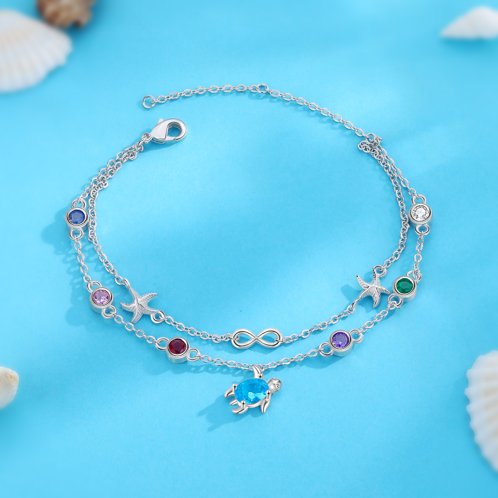 Personalised Women's Bracelet Custom 5 Birthstones Bracelet Sea Turtle Adjustable Bracelet Birthday Gift for Her-Jessemade AU
