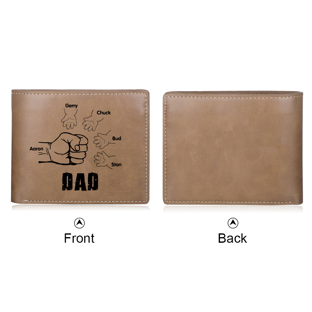 5 Names - Personalised Men Leather Wallet Engraved Names Brown Wallet Fist Bump Folding Wallet Gift For Dad-Jessemade AU