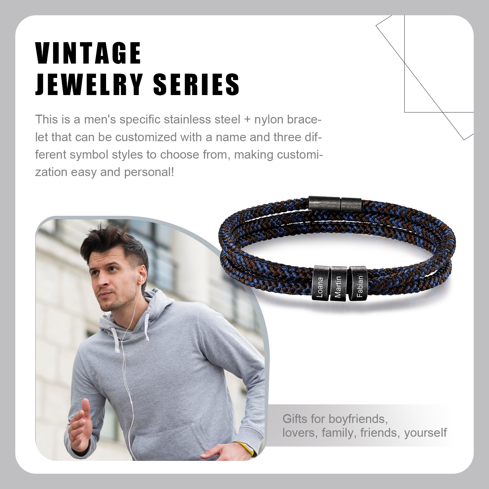 3 Names - Vintage Men's Bracelet Customised Name Nylon Bracelet Three Layers Bracelet Personalised Gift for Him-Jessemade AU