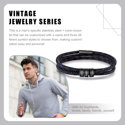3 Names - Vintage Men's Bracelet Customised Name Nylon Bracelet Three Layers Bracelet Personalised Gift for Him-Jessemade AU