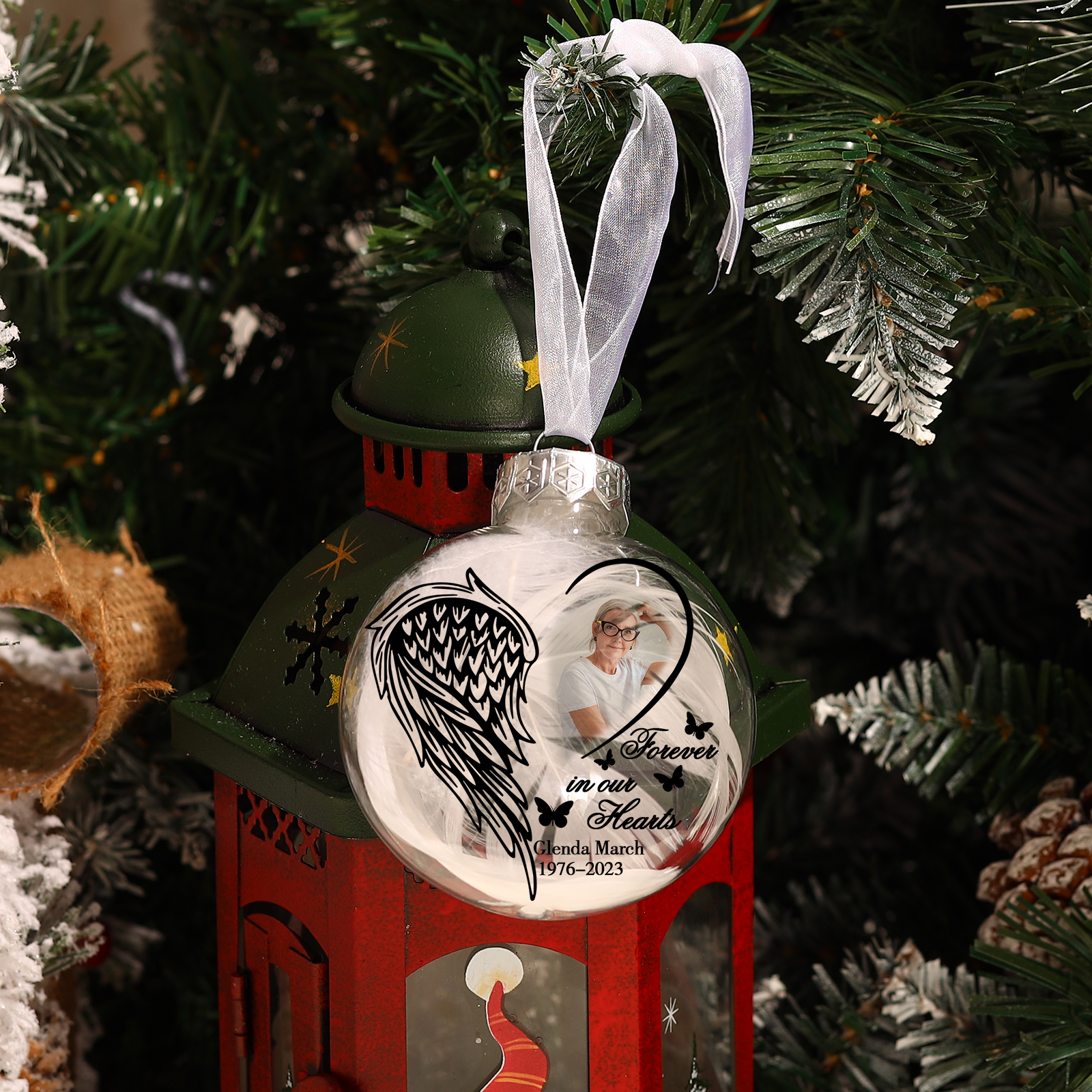 Memorial Ball Feather Ornaments Custom Name & Date & Photo Christmas Ornament Commemorate Deceased Loved Ones - Forever In Our Hearts-Jessemade AU