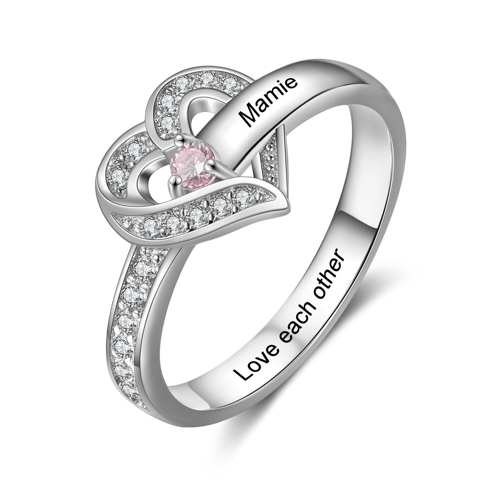 Personalised Heart Ring With 1 Birthstone Engraved Names Ring Gift For Women-Jessemade AU