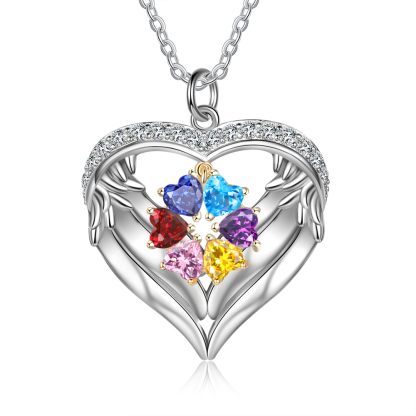 Personalised Wings Necklace With 6 Heart Birthstones Engraved Names Gift For Women-Jessemade AU