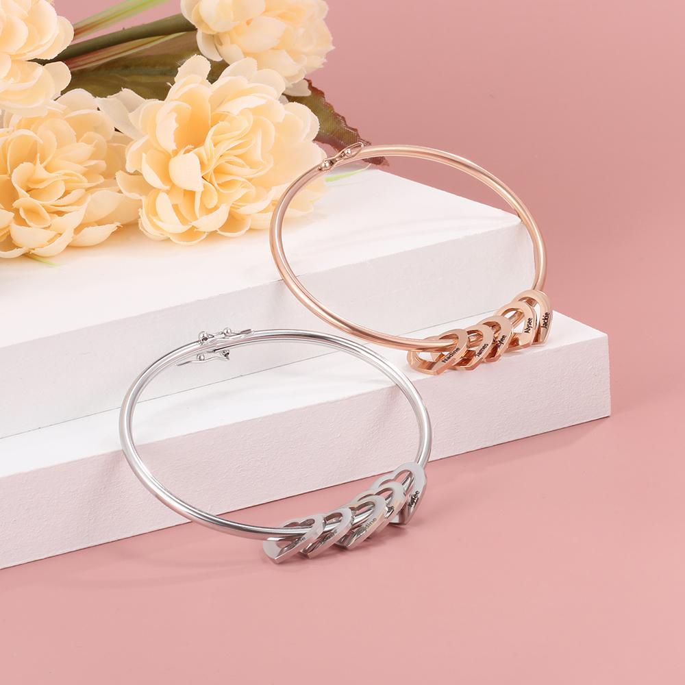 Women Bangle Bracelet with 3 Heart Pendant Engraved 3 Names Love Bracelet-Jessemade AU