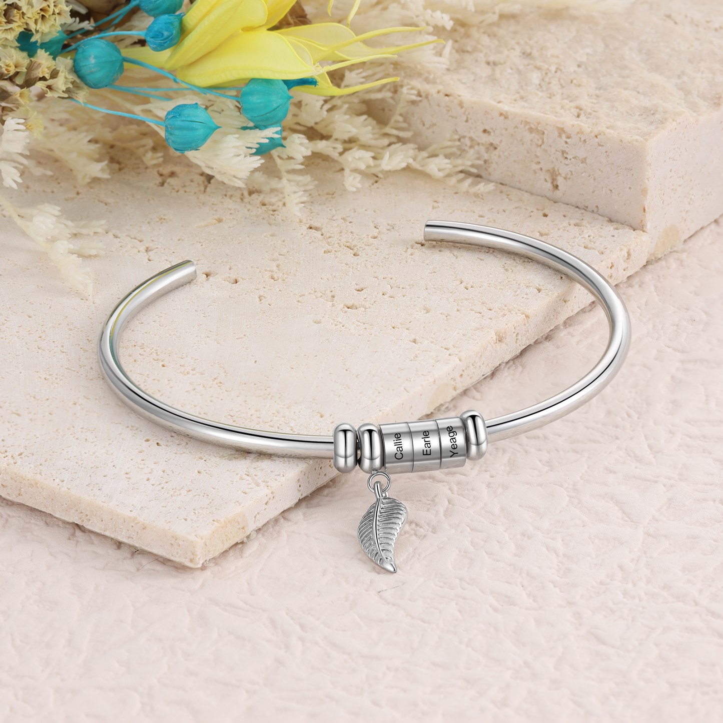 Women Bangle Bracelet with Leaf and Beads Engraved 3 Names Rose Gifts for Mother-Jessemade AU