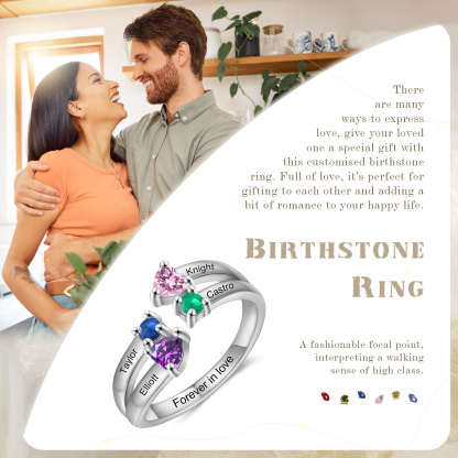 4 Names - Personalised Birthstones Ring Customised Name Open Ring Gift for Her-Jessemade AU