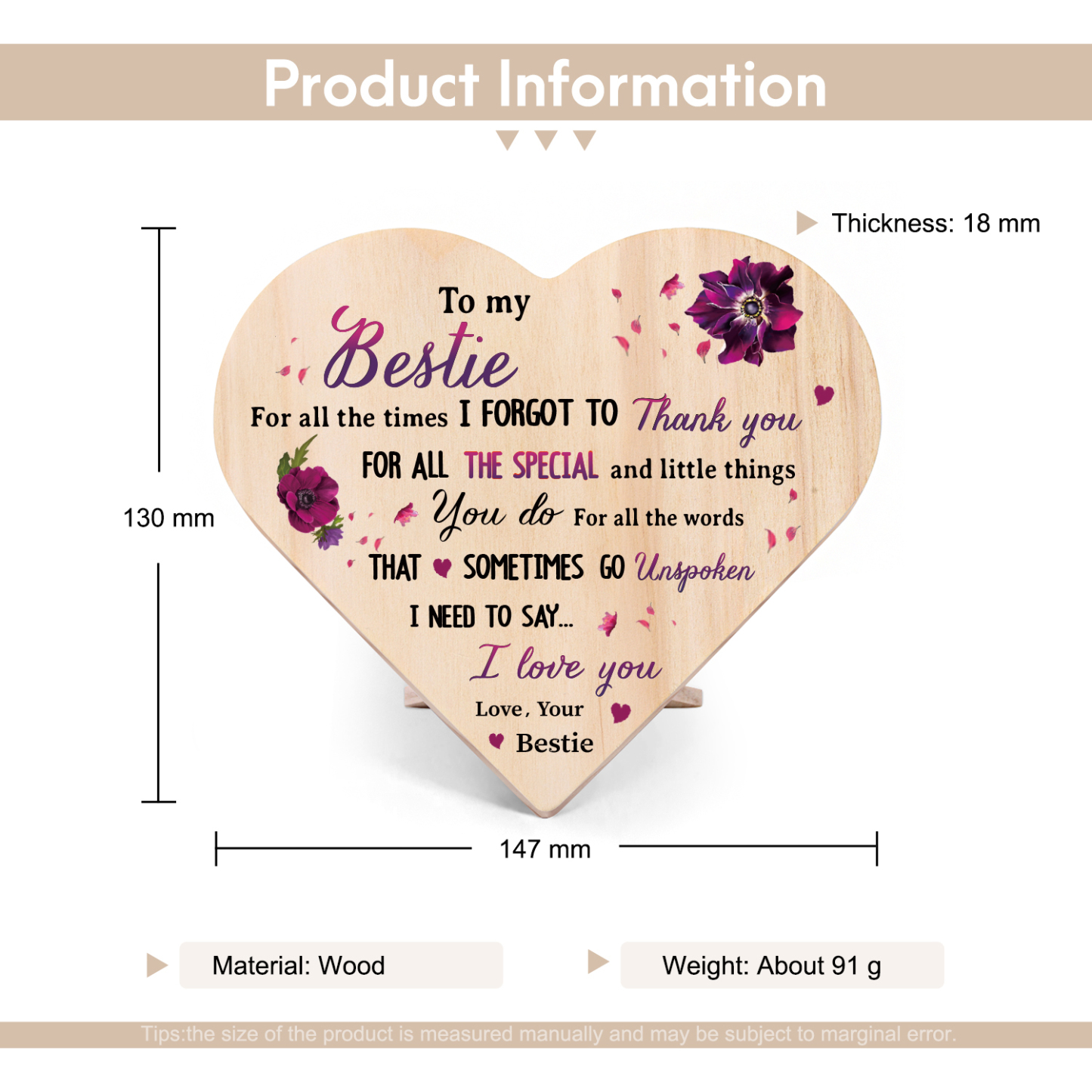 To My Bestie Violet Wooden Heart Keepsake Desktop Ornament "For all the times I forgot to thank you" Friendship Gifts-Jessemade AU