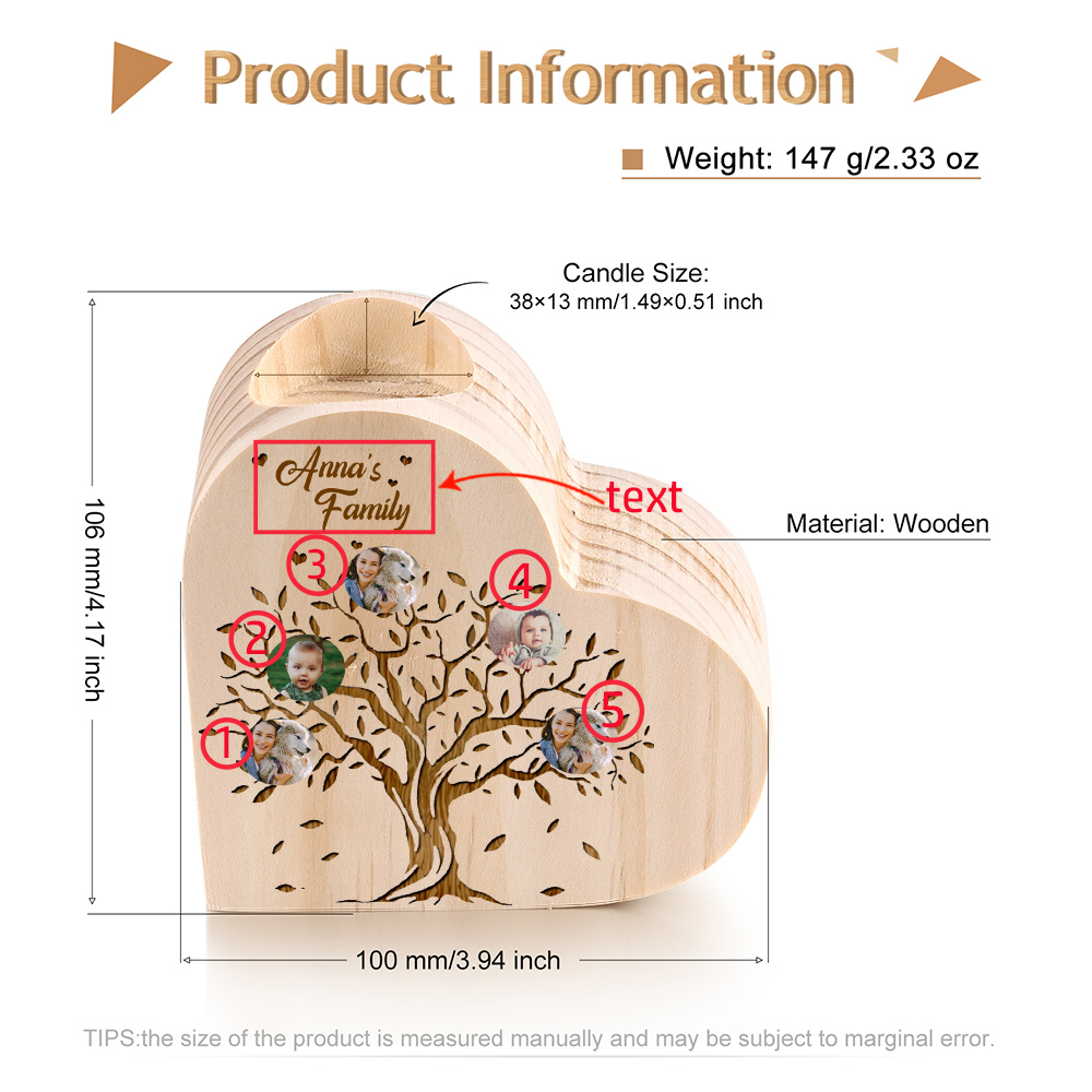 Family Photo Wooden Heart Candle Holder Custom 5 Photos Family Tree Candlesticks-Jessemade AU