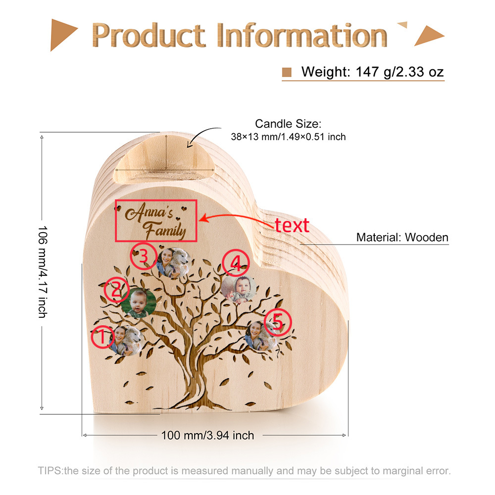 Family Photo Wooden Heart Candle Holder Custom 5 Photos Family Tree Candlesticks-Jessemade AU