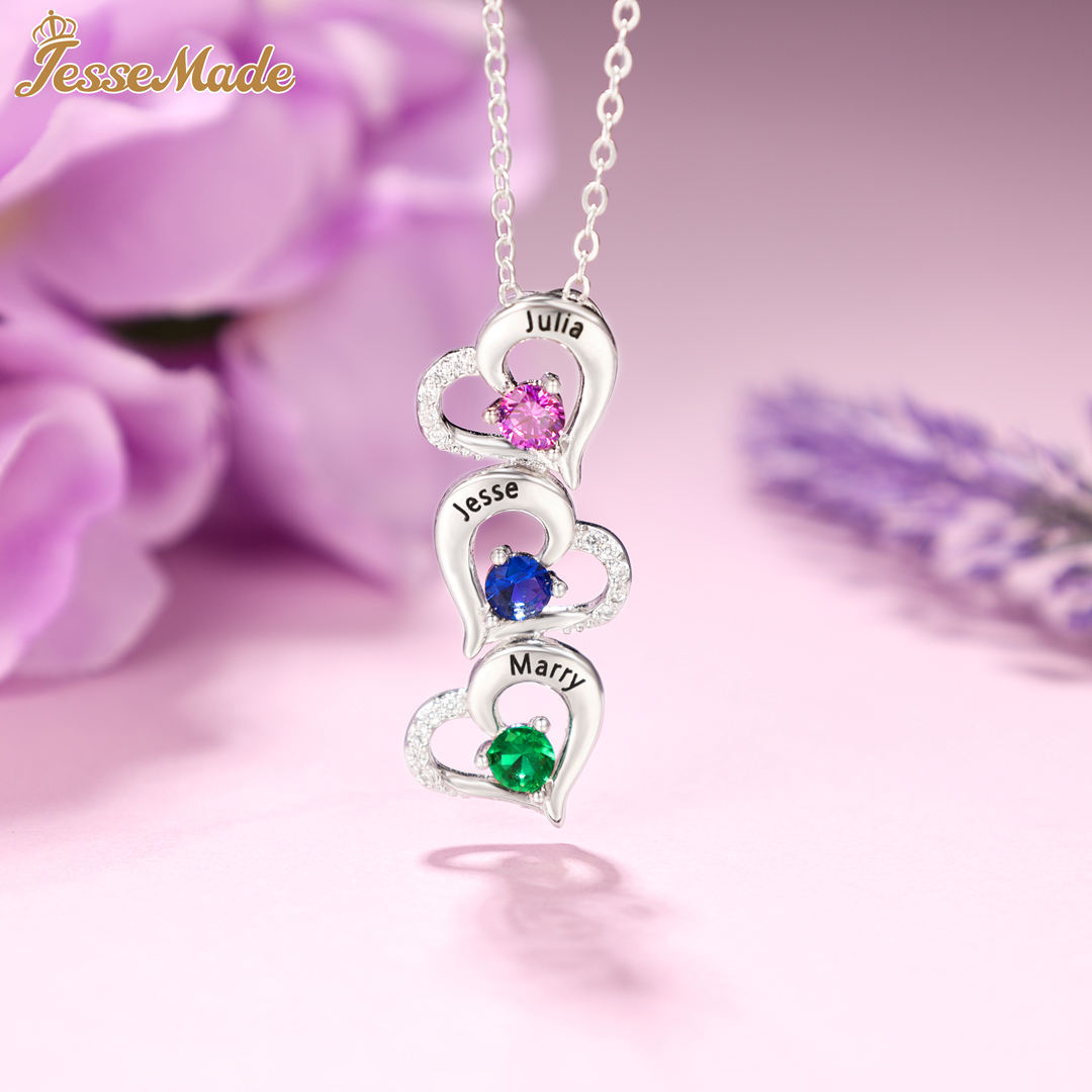 Personalised Heart Necklace With 4 Birthstones Engraved Names Gift For Her-Jessemade AU
