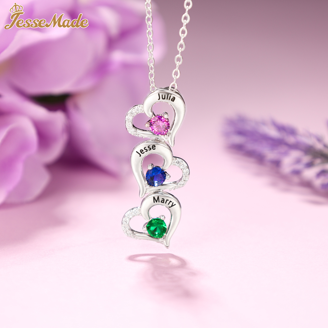 Personalised Heart Necklace With 4 Birthstones Engraved Names Gift For Her-Jessemade AU