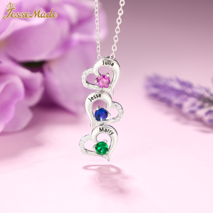 Personalised Heart Necklace With 4 Birthstones Engraved Names Gift For Her-Jessemade AU