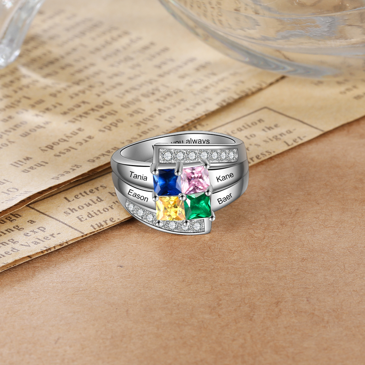Personalised Mothers Ring With 4 Birthstones Engraved Names Ring Gift For Women-Jessemade AU