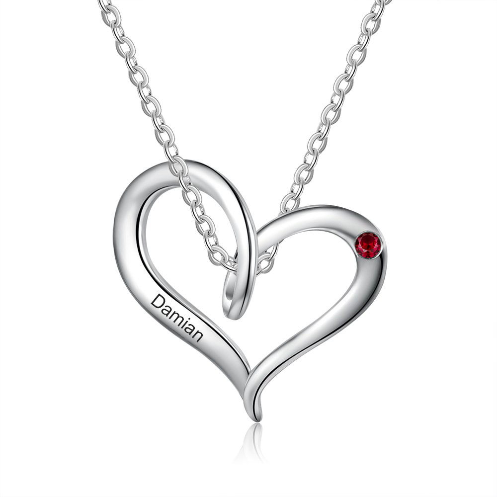 Personalised Heart Necklace With 1 Birthstone Engraved Names Gift For Her-Jessemade AU