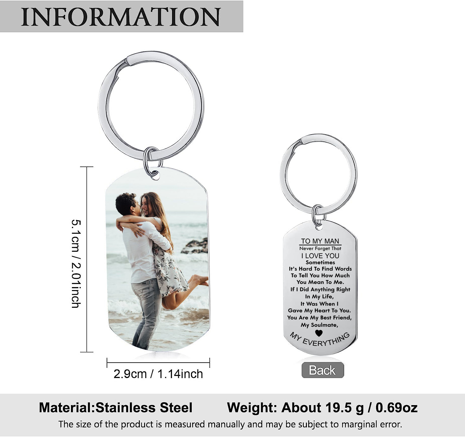 To My Man/Love Couple Keychain Custom Photo Keyring Stainless Steel Keychain Gift for Couples-Jessemade AU