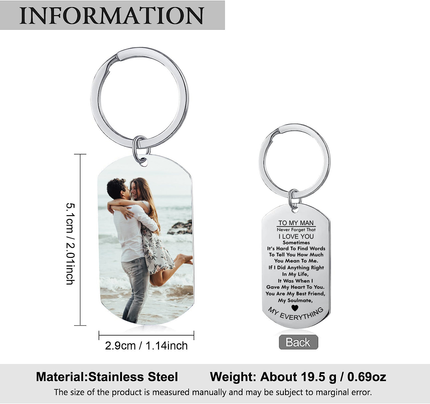 To My Man/Love Couple Keychain Custom Photo Keyring Stainless Steel Keychain Gift for Couples-Jessemade AU