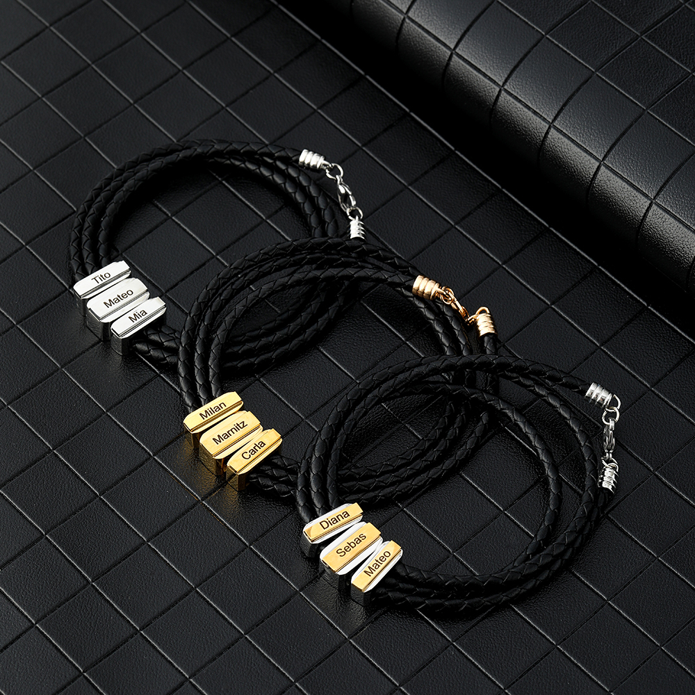 Mens Leather Bracelet with Customised Beads Personalised Three Layer Bracelet Engraved 3 Names-Jessemade AU