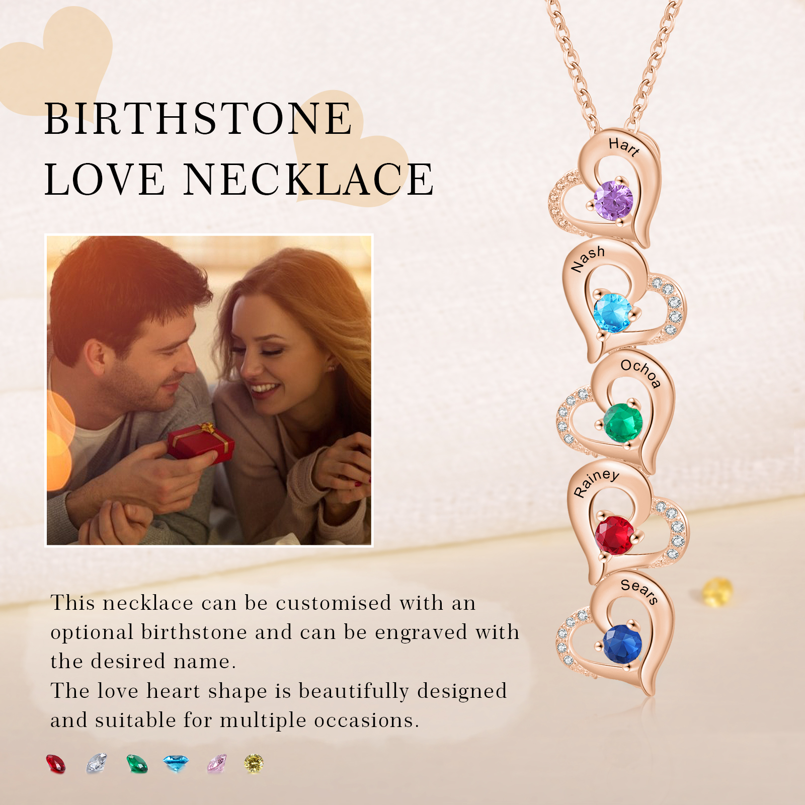 5 Names - Personalised Heart Pendant Necklace Custom Birthstones & Names Necklace Birthday Gift for Her-Jessemade AU