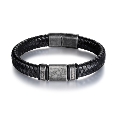 2 Names - Personalised Men's Leather Braided Bracelet Customised Name & Photo Bracelet Vintage Gift for Him-Jessemade AU