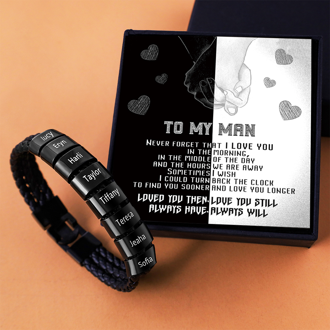 Personalised Braided Leather Bracelet Engraved 8 Names Men's Bracelet Gifts For Him-Jessemade AU