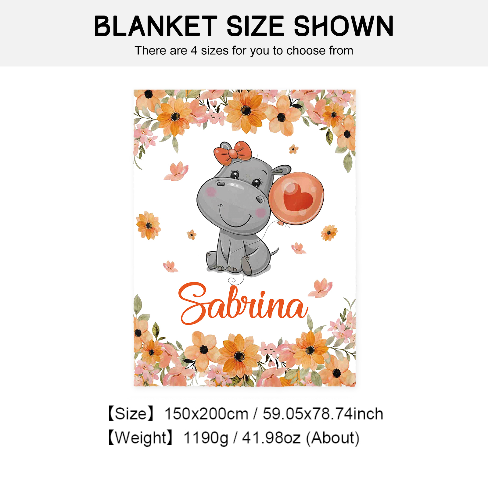 Personalised Hippo Blanket Custom Name Cute Cartoon Blanket-Jessemade AU