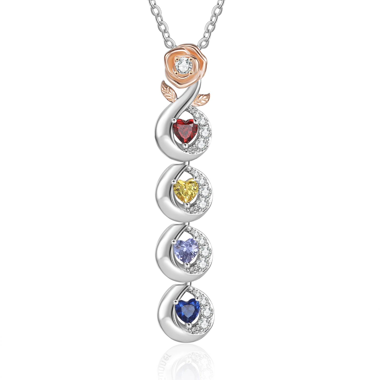 Custom Family Necklace Rose Pendant with 4 Birthstones Engraving 4 Names Gifts for Her-Jessemade AU